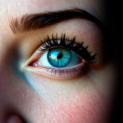 Naklejka premium Female blue eyes with long thick black eyelashes with brown eyebrows on a dark background
