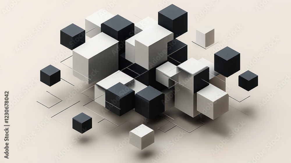 Aufkleber abstract 3d rendering of interconnected black and white cubes.