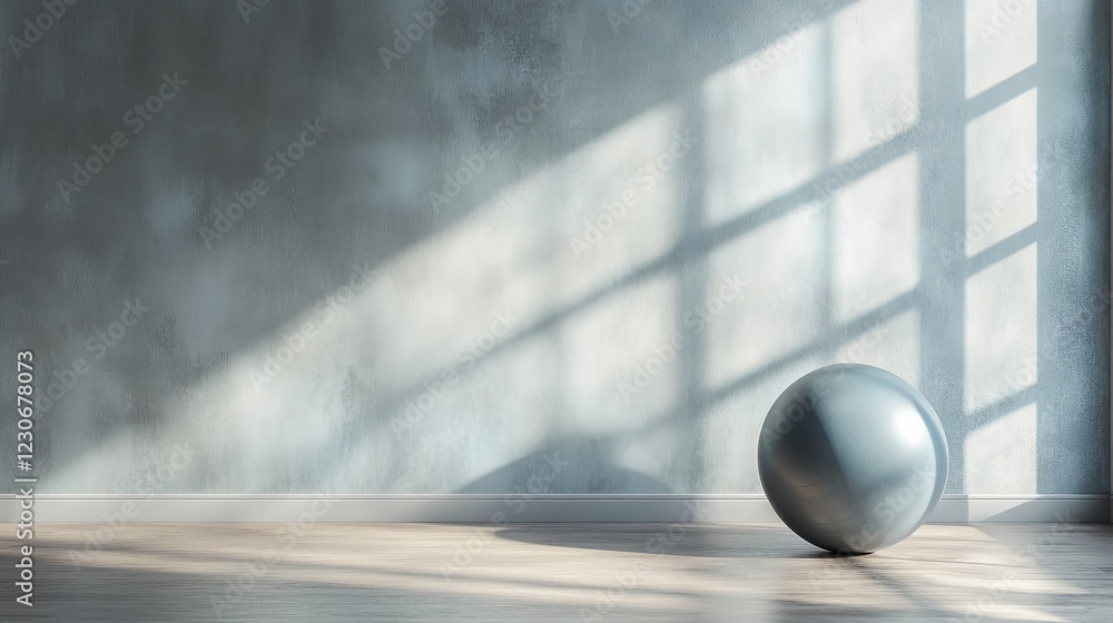 Poster a serene minimalist interior featuring soft light casting shadows on a textured wall, with a round r