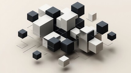 Obraz premium Abstract 3D rendering of interconnected black and white cubes.