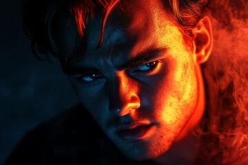 Obraz premium Intense portrait of a young man illuminated by dramatic lighting in a moody atmosphere