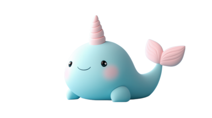 A playful 3D narwhal figurine with a cheerful expression, designed in a soft and colorful style. The cute narwhal, set against a transparent background, brings a whimsical and joyful touch to any proj