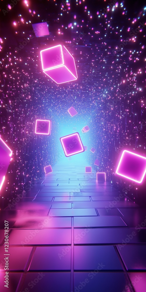Poster a mesmerizing digital art scene featuring glowing neon cubes floating in a futuristic tunnel with vi