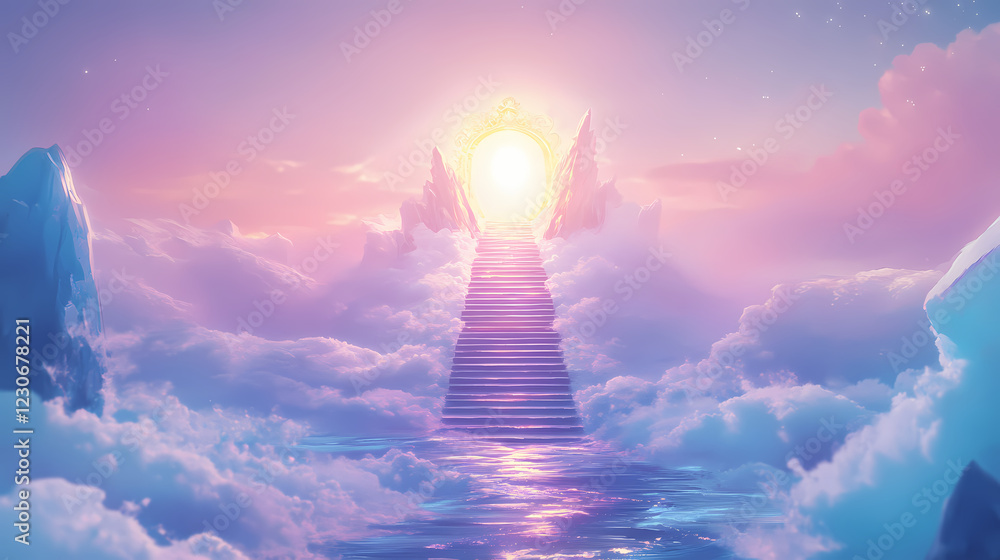 Wall mural radiant pathway of steps ascending through a sea of clouds, ending at a celestial gate of gold. cele