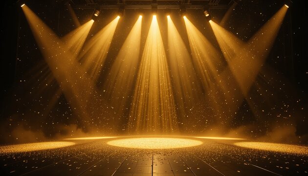 Golden light rays background with a round podium for product presentation or a stage for the award ceremony - Generative AI