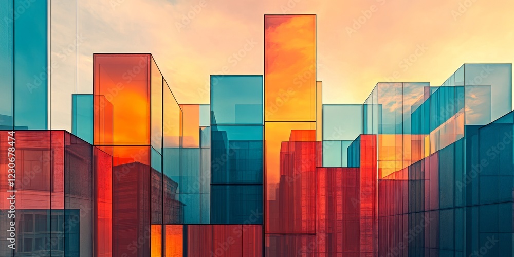 Poster a vibrant abstract representation of modern glass structures reflecting a stunning sunset, creating 