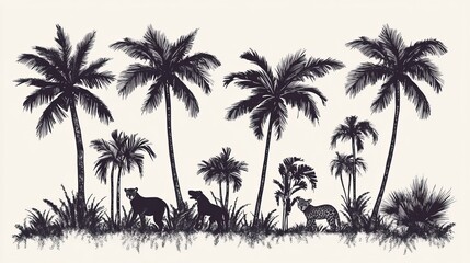 Tropical palm tree and leopard pattern. Cute jungle ornament with hand-drawn wild animals under coconut trees, like an Indian textile design. Vector beach illustration.