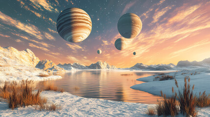 Serene landscape featuring tranquil lagoon under vibrant sky filled with colorful planets. warm hues create peaceful atmosphere, inviting exploration and wonder. Celestial Lagoon. Illustration