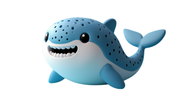A cute and playful blue cartoon whale character with a big smile and small fins, perfect for children's toys and animated content. Ideal for animation, toy promotions, and playful character branding.
