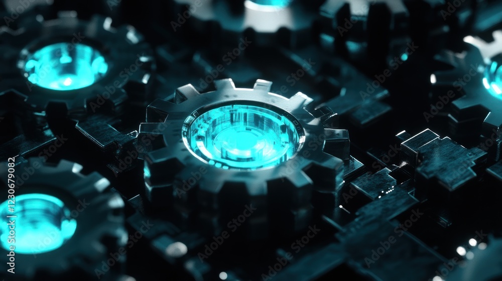 Poster glowing cyan gears in a dark mechanical system