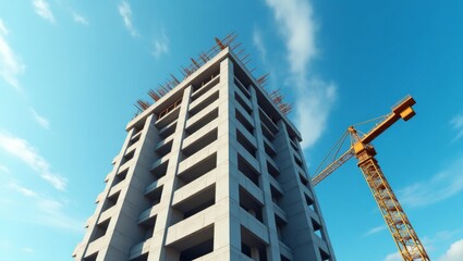 Fototapeta premium A modern high-rise building under construction against a clear blue sky. A construction crane is visible.