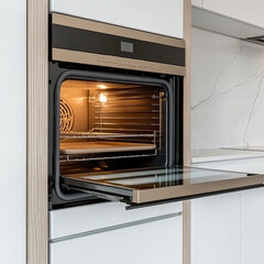 Fototapeta premium modern built in oven with sleek design, featuring open door and rose gold illuminated interior, showcasing its spacious cooking area. Ideal for contemporary kitchens