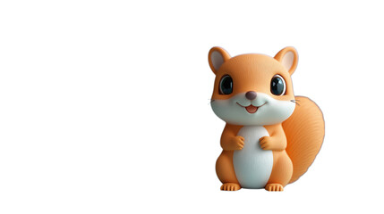 Fototapeta premium A cute 3D cartoon squirrel figurine with a big smile, standing on a white background. Concept of playful animal characters and child-friendly designs