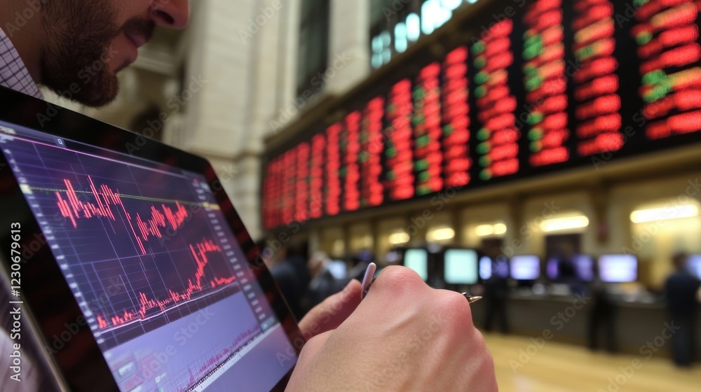 Poster Man Analyzing Stock Market Data On Tablet