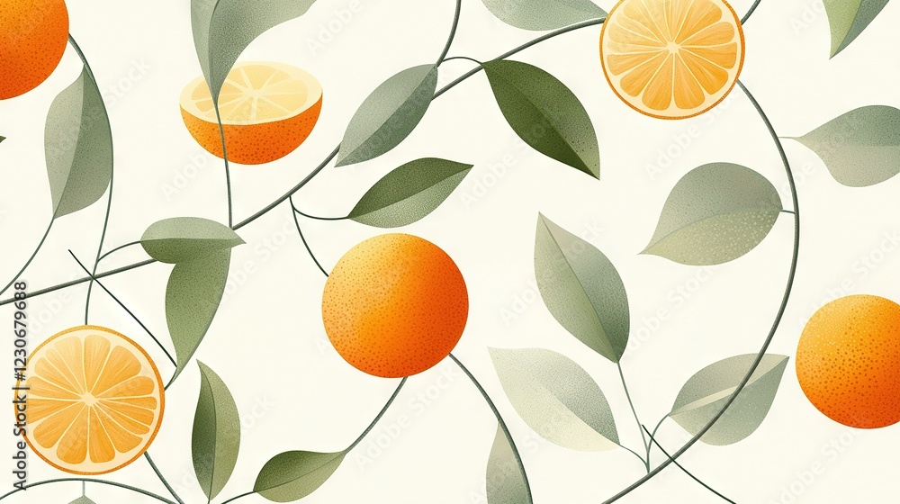 Poster a painting featuring oranges and green leaves on a white canvas, with a repeating pattern of the sam