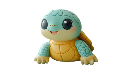 A cute 3D turtle figurine with a smiling face, designed in a playful and colorful style. The figurine’s soft texture and joyful expression add charm to this adorable turtle, set against a transparent 