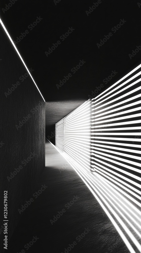 Poster a sleek, modern corridor featuring bold linear light patterns, creating a futuristic and minimalist 