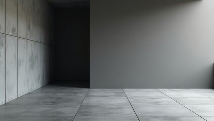Minimalist interior design featuring a spacious room with grey concrete walls and flooring.