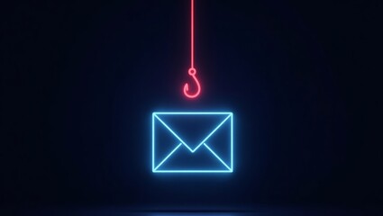Fototapeta premium A neon hook hangs above an email, symbolizing phishing and online scams. Be cautious of suspicious emails to avoid becoming a victim.