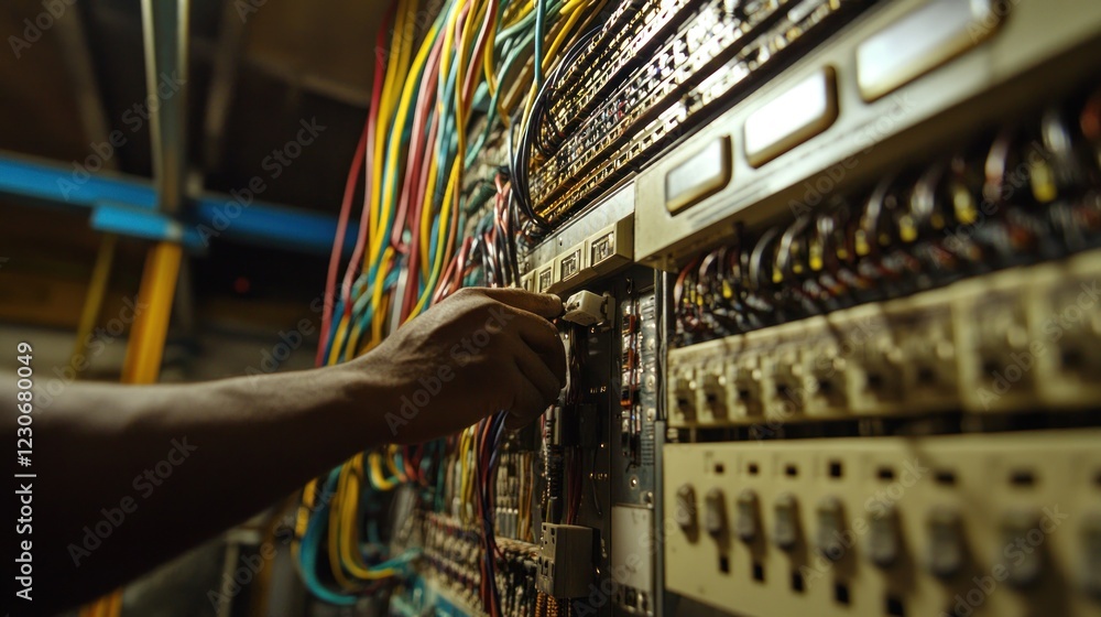 Poster a worker connects wires to a complex electrical system