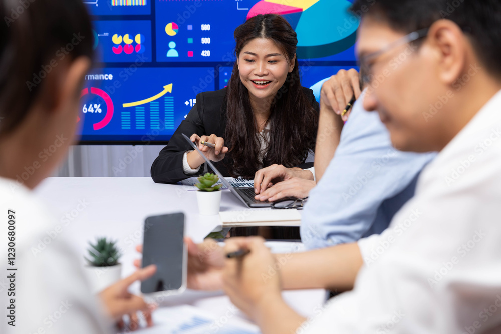 Fototapete analyst team utilizing bi fintech to analyze financial data at table in meeting room. businesspeople