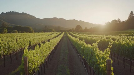 Naklejka premium Sunlit Vineyard Rows at Sunset in Rolling Hills