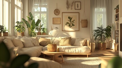 Warm and cozy Scandinavian living room with light-colored wood furniture, soft touches, and lots of plants. The background is softly blurred.