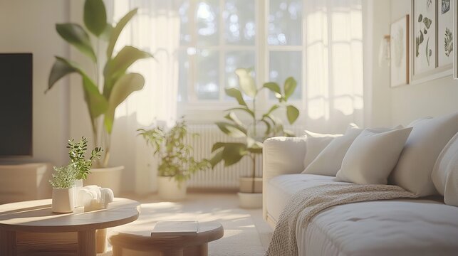 Warm and cozy Scandinavian living room with light-colored wood furniture, soft touches, and lots of plants. The background is softly blurred.