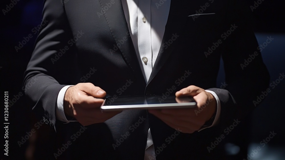 Aufkleber man in suit holds a tablet device