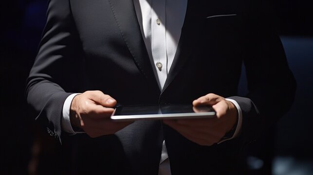 Man in Suit Holds a Tablet Device