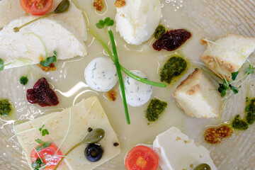 A delectable array of cheeses herbs and vibrant accents artfully arranged on a plate