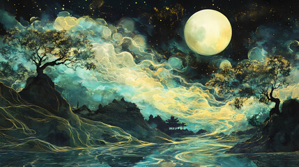 Obraz premium Witness the aurora of spirits, a celestial dance of light and shadow where the spirits of the past manifest under the night sky. Celestial Lagoon. Illustration