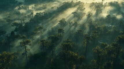 Obraz premium Aerial View of Sunlit Foggy Forest