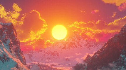 Naklejka premium Majestic Sunset Over Snowy Mountain Peaks