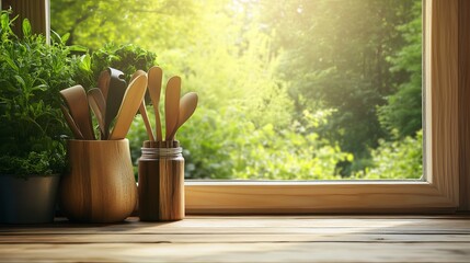 Wooden kitchen utensils and tools on a wooden table in front of a window with a blurred green garden background. You can place products or objects on the table.