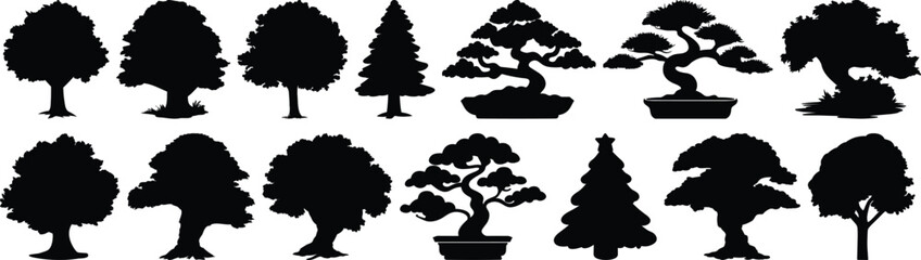Tree silhouettes set, nature pack of vector silhouette design, isolated background