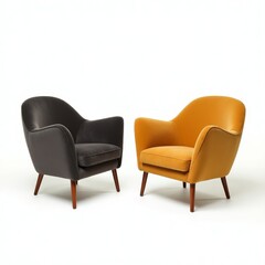 Two velvet armchairs in contrasting colors, dark gray and mustard yellow, sit side-by-side against a white backdrop.