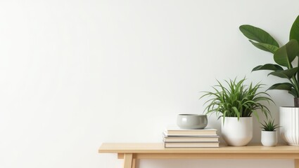 Fototapeta premium A minimalist scene featuring potted plants and books arranged on a light wooden bench against a white wall.