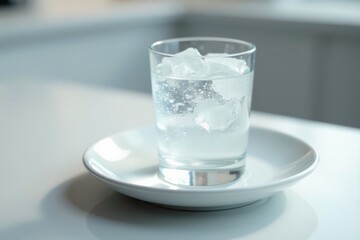 White ceramic dish with a glass containing icy water placed upon it, elegance, ice, glass