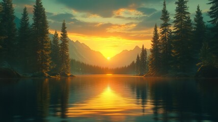 Fototapeta premium Serene sunset over a tranquil lake nestled amidst majestic mountains and evergreen trees.
