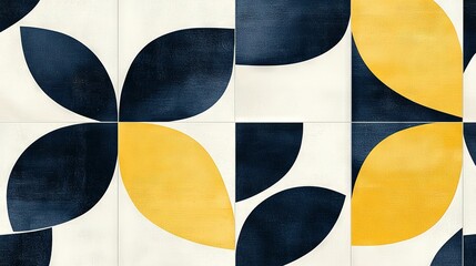   A depiction of yellow and black foliage against a white-blue backdrop, featuring a circular yellow motif on the canvas's left half