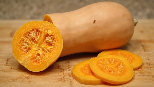 Fresh butternut squash slices on wooden board