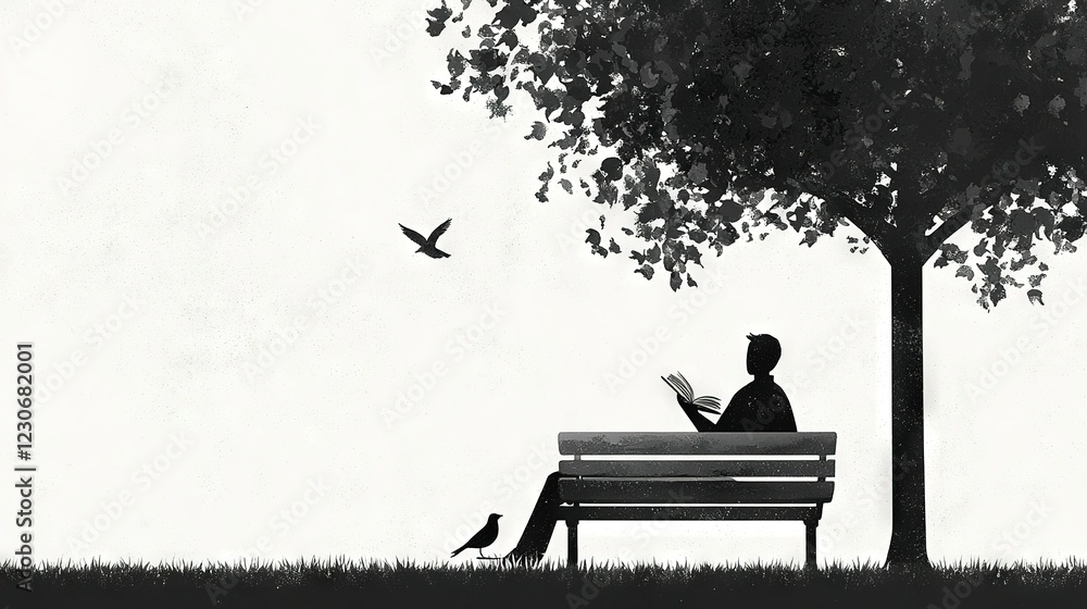 Poster   A monochrome picture depicts an individual relaxing on a park bench with a book in hand, while a bird soars above them under the shade of a tree