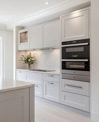 Fototapeta premium Modern luxury kitchen with light gray cabinetry, built in appliances, and elegant decor. sleek design features minimalist aesthetic, perfect for contemporary living