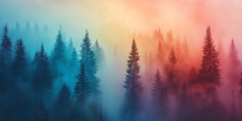 Fototapeta premium Misty Forest Sunrise, A Colorful Landscape