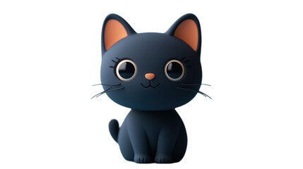 A cute black cat figurine in a playful and minimalistic style, featuring large expressive eyes, a small smile, and a tiny ball on its collar. The cat is made from soft material with smooth textures an