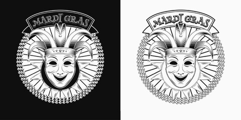 Mardi Gras themed circular label. Emblem with carnival comedy face mask in jester harlequin hat, strings of beads, sparkle garland, text in ribbon. Vintage holiday composition.