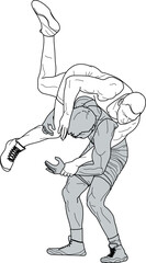 WRESTLING 1 line drawing illustration, WRESTLERS, Greco roman, freestyle, classical, duel, fight, sketch, outline, vector EPS, logo, white, grey