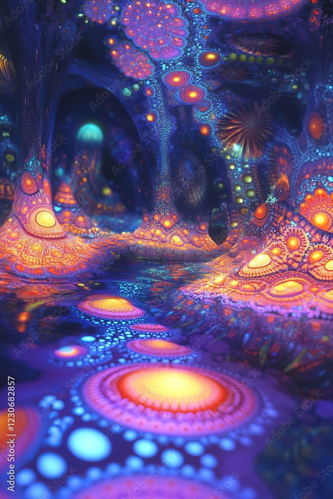 Poster a mesmerizing digital fractal artwork featuring vivid colors and intricate glowing patterns in a sur