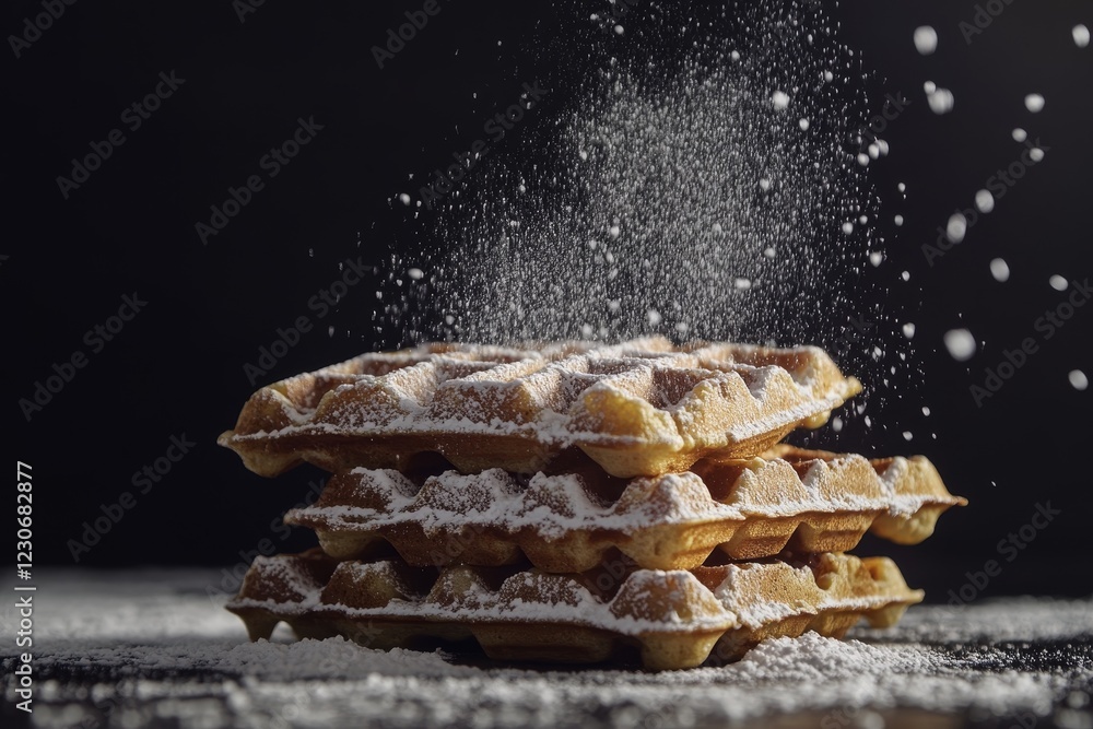 Poster a close-up image of crispy waffles stacked together, dusted with powdered sugar, creating an enticin